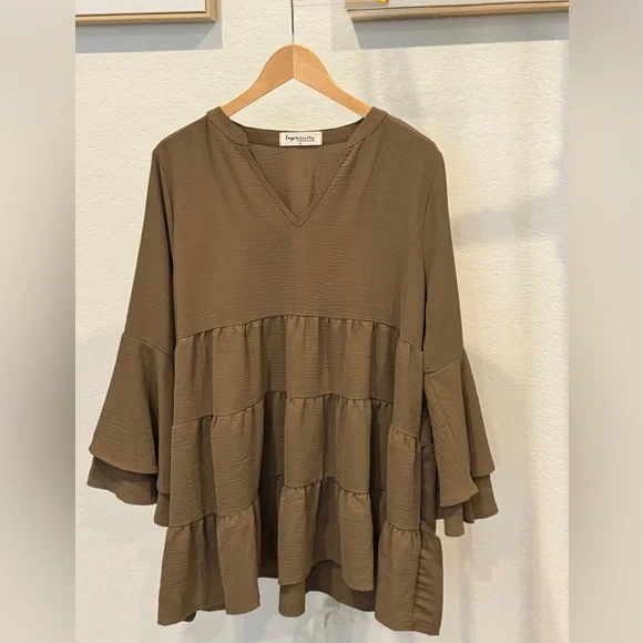 Impressions Brown Tiered Babydoll Tunic Dress Bell Sleeve Size XL NWOT - Picture 1 of 3